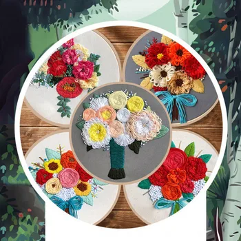 

Three-dimensional DIY Handmade Embroidery Kit European Style Flower Bouquet With Bamboo Embroidery Hoop Pattern Cross Stitch Kit