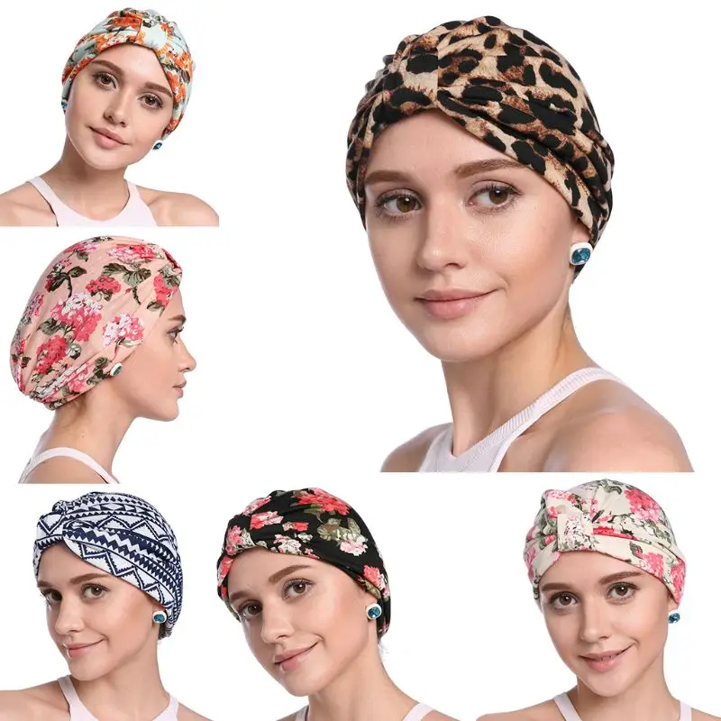 

Pastoral Style Women Elastic Cotton Turban Hat Floral Leopard Print Muslim Beanie Chemo Wrap Cap Pleated Knot Front Sleep Hat