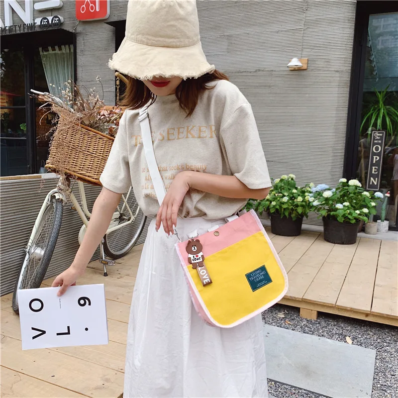

Canvas Messenger Bag Women's 2019 New Style Korean-style Contrast Color Fashion Casual Hong Kong Style Literature And Art Hipste