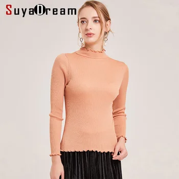 

SuyaDream Bottoming Sweaters Women Turtleneck Ribs Kint Thin Pullovers 30%Silk 70%Cotton Knitwear New