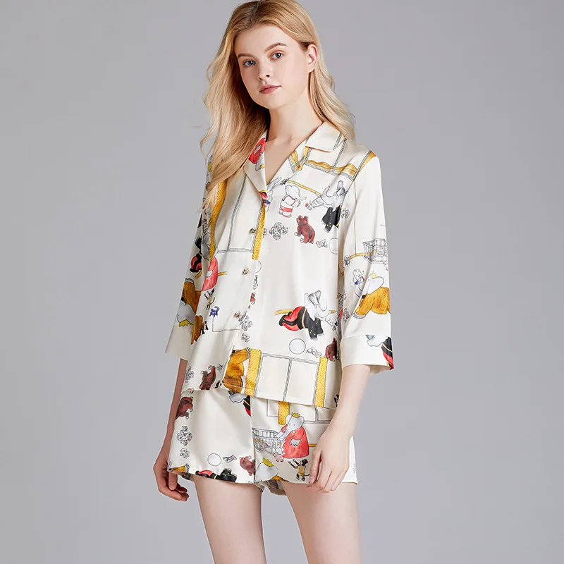 Женская пижама с принтом шелковые тонкие шорты коротким рукавом домашняя одежда