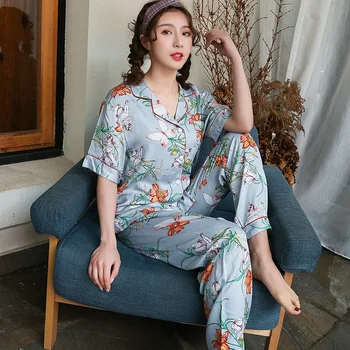 

2020 Viscose Pajamas Ladies Summer Fashion High-end Satin Short-sleeved Trousers Casual Pj Sets for Women Pujama Femme