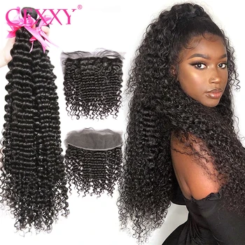 

CEXXY Deep Wave Bundles With Frontal Closure Brazilian Hair Weave Bundle With 13x4 Frontal Water Curly Human Hair Extension