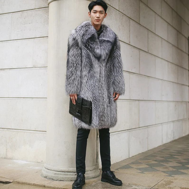 Новое специальное пальто из искусственного меха, имитация лисьего меха, длинное пальто для мужчин, серебристый искусственный мех размера плюс 5XL, Мужская теплая зимняя куртка DA109