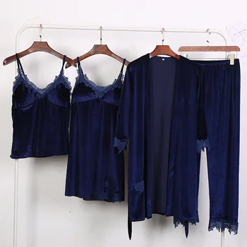 

Female 4PCS Pajams Suit Lace Patchwork Sleepwear Soft Nightwear Sexy Robe Sleep Set Lougne Home Clothes Casual Intimate Lingerie
