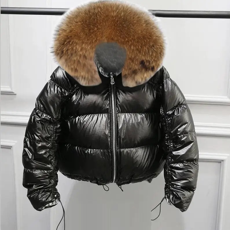Пальто с натуральным лисьим меховым воротником зимняя куртка женская Свободная короткая пуховая куртка белая пуховая куртка Толстая теплая пуховая парка - Цвет: black 2