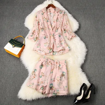

Women one button blazer suit summer floral print short sleeve tencel blazer shorts set OL office two piece outfits pink green