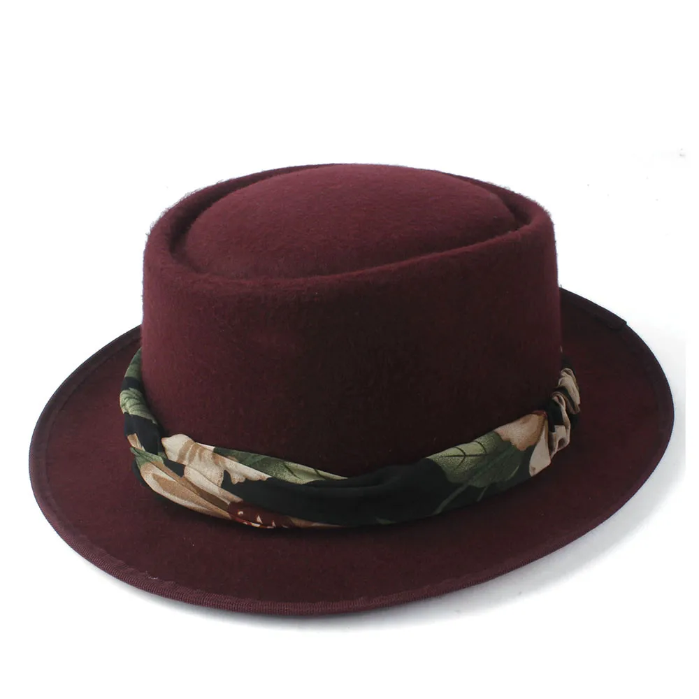 Wine Red Модная женская шляпа-пирожок с лентой поп шерстяная шляпа Fedora Уличная Повседневная Porkpie чародейная шляпа размер 58 см - Цвет: Wine Red