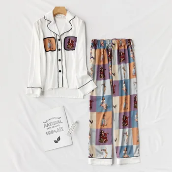 

Casual White Sleepwear Female Pajamas Suit Nightgown Turn Down Collar Novelty Silky Home Clothing Print Nightwear Negligee