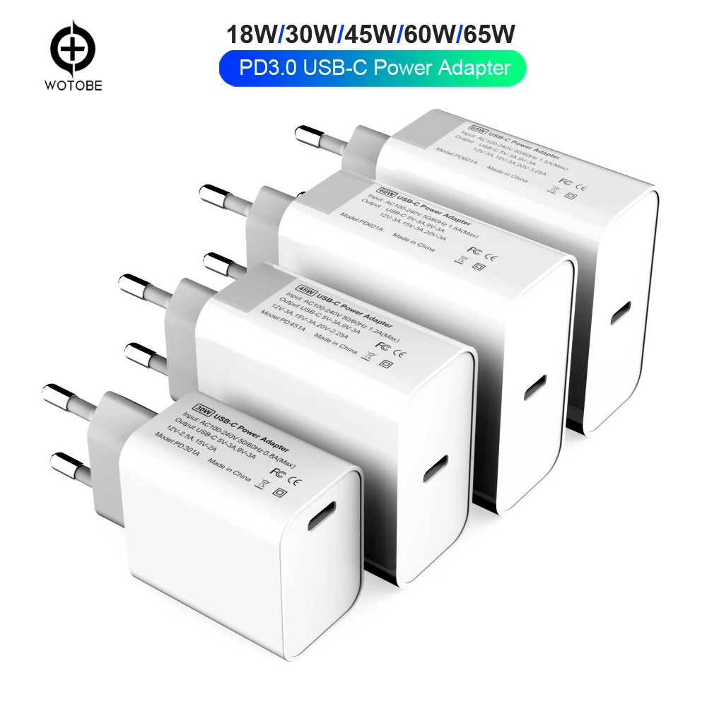 Адаптер питания USB C PD/QC3.0 65 Вт/60 Вт/45 Вт/30 Вт для планшетов/MacBook/iPad/xiaomi/Samsung