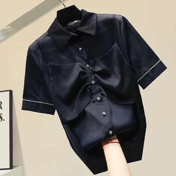 

Short Sleeve Chiffon Shirt Women's Fashion Retro Lapel Blouse Office Ladies Tops Blusas Mujer De Moda 2020 White Black