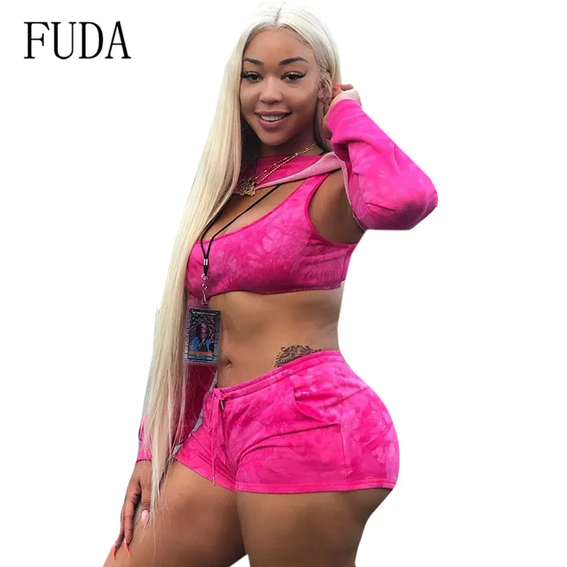 

FUDA Women's Fashion Casual Graffiti Print Set Three Pieces Sets Elegant Long Sleeve O-neck Hollow Out Female Leisure Bodysuits