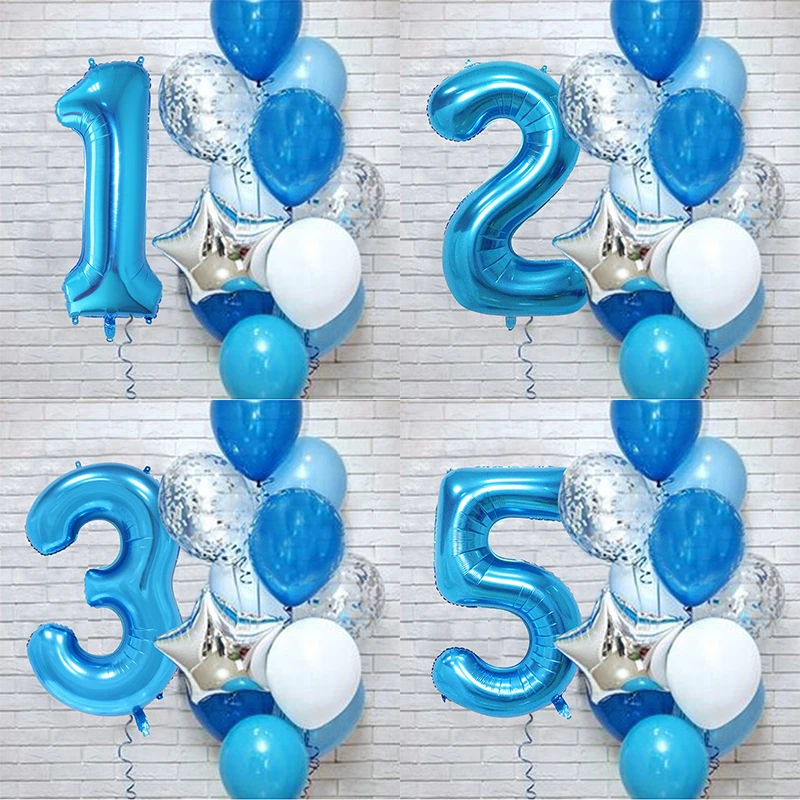 12Pcs/set Blue Number Foil Latex Balloons for Kids Birthday Party Decoration 1st One