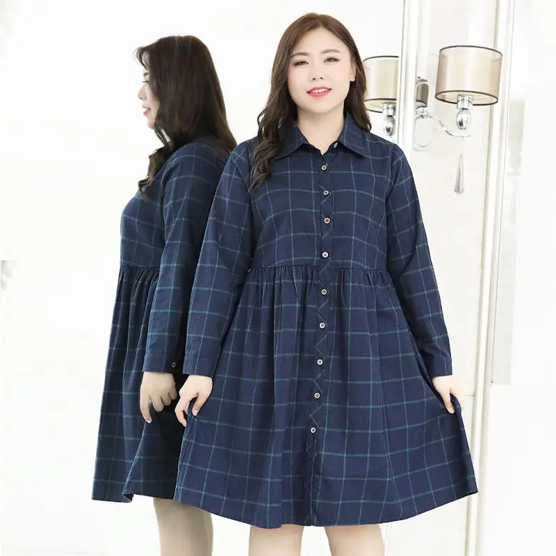 Большие размеры 10XL 9XL 8XL 4XL, Российские размеры 66 62 58 54, женские блузки с длинными рукавами осень-весна корейский стиль повседневная одежда Женская клетчатая длинная хлопковая рубашка - Цвет: Navy