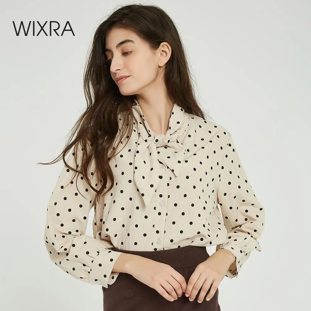  Wixra Women Lace-up Blouse Ladies Long Sleeve Dot Print Loose Shirts 2019 Autumn Spring Tops Ladies