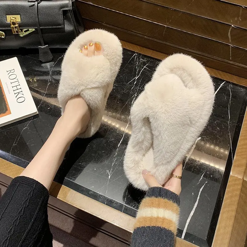 

Women Slippers Winter Warm Shoes Woman Slip On Flats Slides Home Female Faux Fur Comfortable Non Slip Slippers Plus