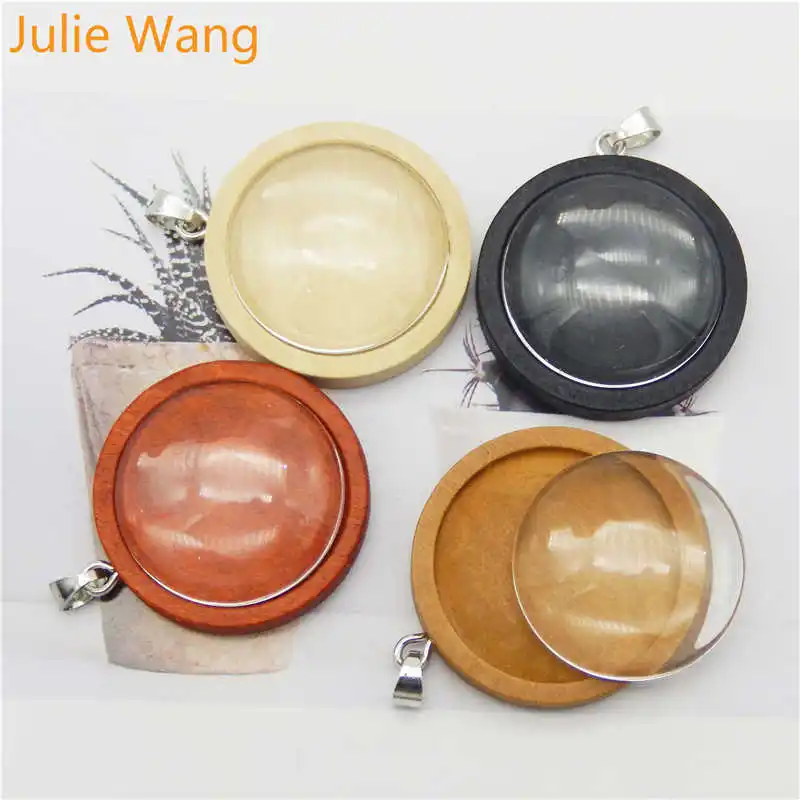 Julie Wang 4PCS 25mm Wood Cabochon Base Settings Hooks Round Glass Charm Blank Bezel Tray Jewelry Making Accessory | Украшения и