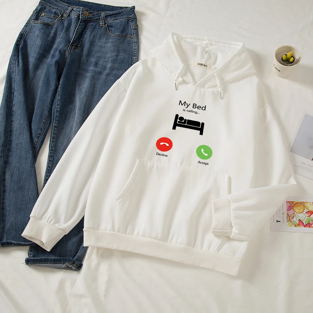 My Bed Is Calling Print Streetwear Cotton Women Fashion Slogan Graphic Sweatshirt Oversized