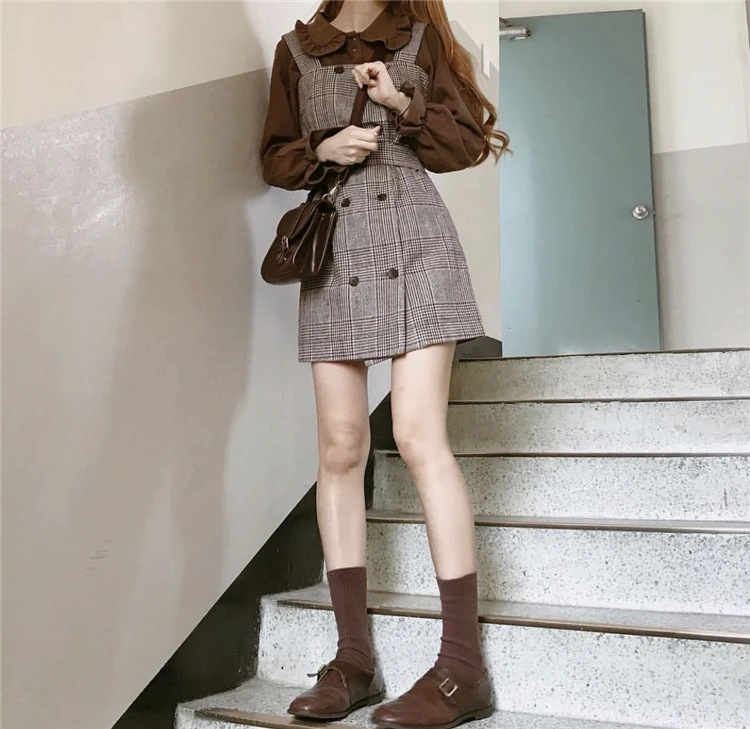 Girl Plaid blouse Vintage Dress New Sleeveless suits Women Dresses Female braces Robe Femme Vestido Sell separately |