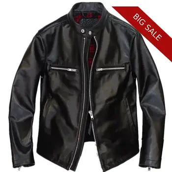 

2020 Black Men Slim Fit Biker's Leather Jacket Plus Size XXXL Genuine Cowhide Autumn Short American Motorcycle Leather Coat