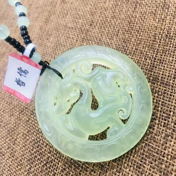 

New natural stone carving ice hollow hollow dragon pendant with light green beads necklace men and women sweater chain