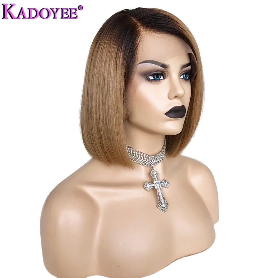 Короткий Боб человеческих волос парик прямые Кружева передние парики Remy 13x4 уха к уху бразильский Омбре светло-коричневый цветной парик для женщин