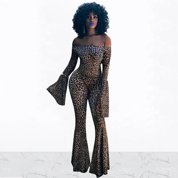 

Autumn Sexy Fashion Slash Neck Jumpsuits Long Sleeve Leopard Print Slim Streetwear Women Strapless Bodycon Flares Pants Rompers