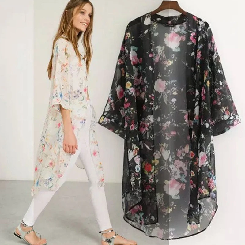 Women Casual Vintage Kimono Cardigan Ladies 2021 Summer Long Crochet Chiffon Preto Loose Flora Printed Blouse Tops Black | Женская