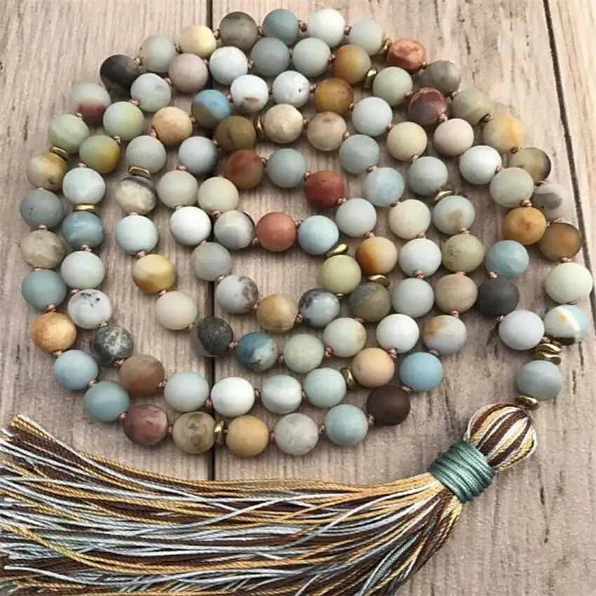 

8mm Frosted Amazonite Gemstone Knot Mala necklace 108 Beads Meditation Buddhism cuff Hot Fancy mala Bless MONK Lucky Unisex