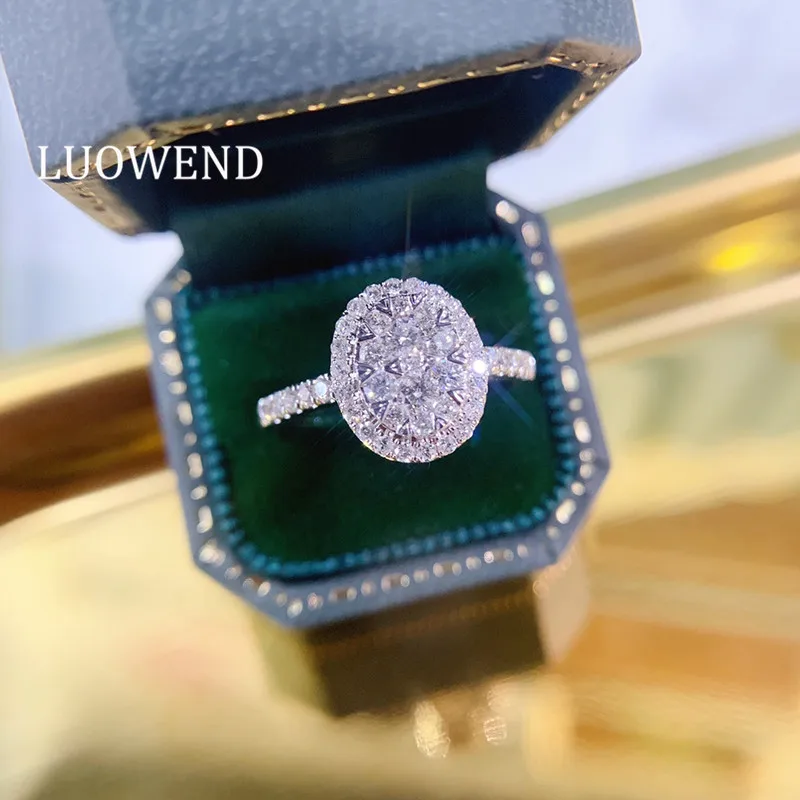 LUOWEND 18K White Gold Women Wedding Ring 0.60 CT Gold Rings Halo anillos mujer Luxury Real Natural Diamond Ring for Women