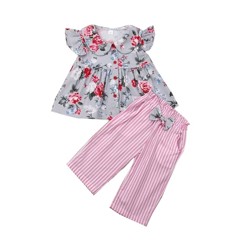 

Summer Baby Toddler Girl Flare Sleeve Short T-shirt Set Blouse Tops Striped Print Trousers Pants Casual Outfits