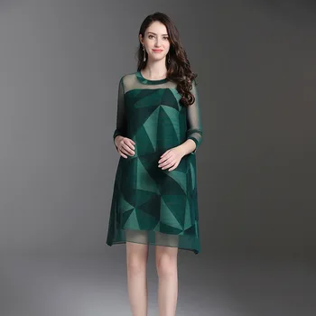 

LANMREM 2020 Spring Summer Woman Pullover Round Collar Geometric Printing Pleated Dress Mesh Splice Joint Loose Clothes TB062