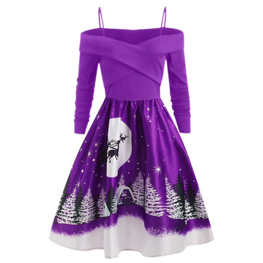Xmas Women Dresses Casual Christmas Day Dresses Ladies Clothing Long Sleeve Print Leisure Clothes Plus Size Party Dress Vestidos - Цвет: Фиолетовый