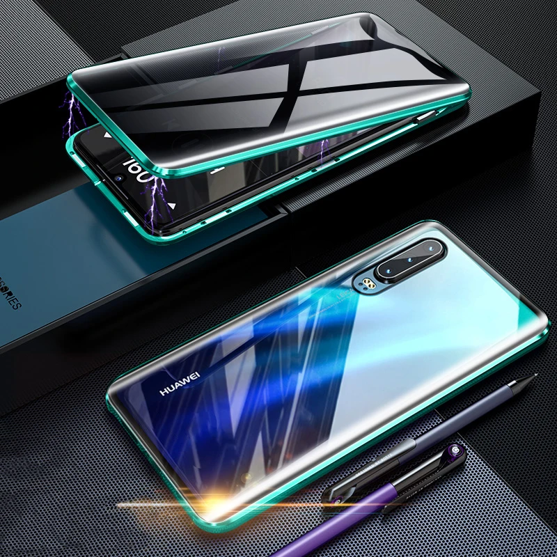 Двойной стеклянный чехол для Huawei P30 Pro Lite с защитой 360 ° металлический бампер