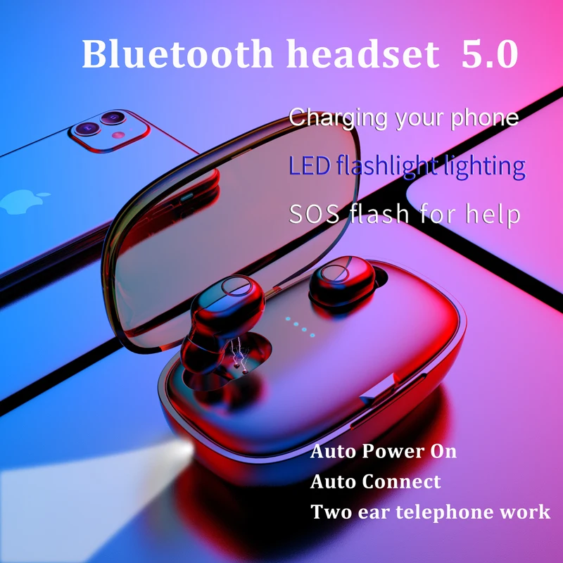 Mini in ear wireless bluetooth earphones with multi function charging box bluetooth 5 0 led lighting waterproof headphones