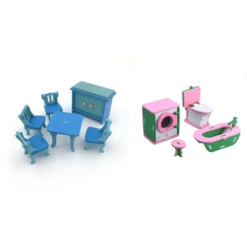 

2 Set Dollhouse Child Play Toys-1 Set Restaurant Table and Chair Play House Toy Set & 1 Set Toilet Washing Machine Toy