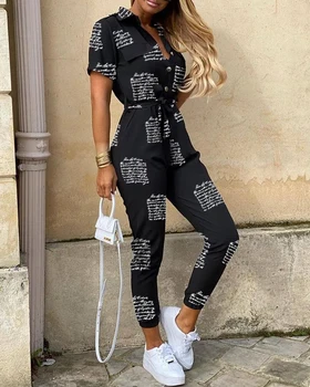 

Women Summer Deep V Neck Short Sleeve Overalls Letter Print Button Shirt Jumpsuit Elegant Office Lady One Piece Romper Belt