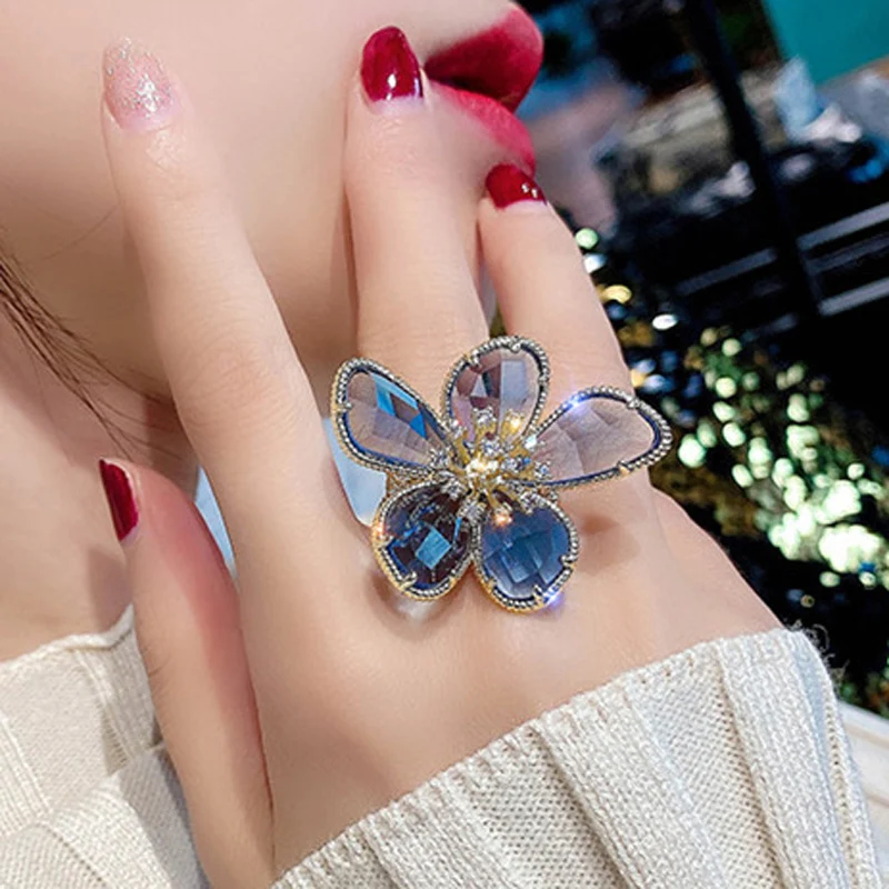 

MOONROCY Crystal Rings Gold Color Blue Gray White Red Big Flower Hyperbole Party Jewelry for Women Gift Dropshipping Wholesale