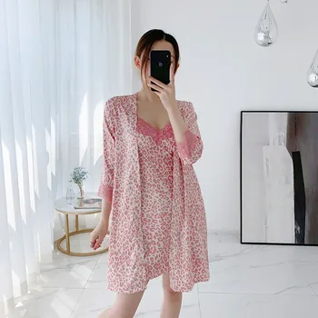 

Pink Leopard Print Kimono Robe Gown Suit Lady Satin Lace Trim Sleepwear Sexy V-Neck Nightdress Set Chest Bra Home Dress M-XXL