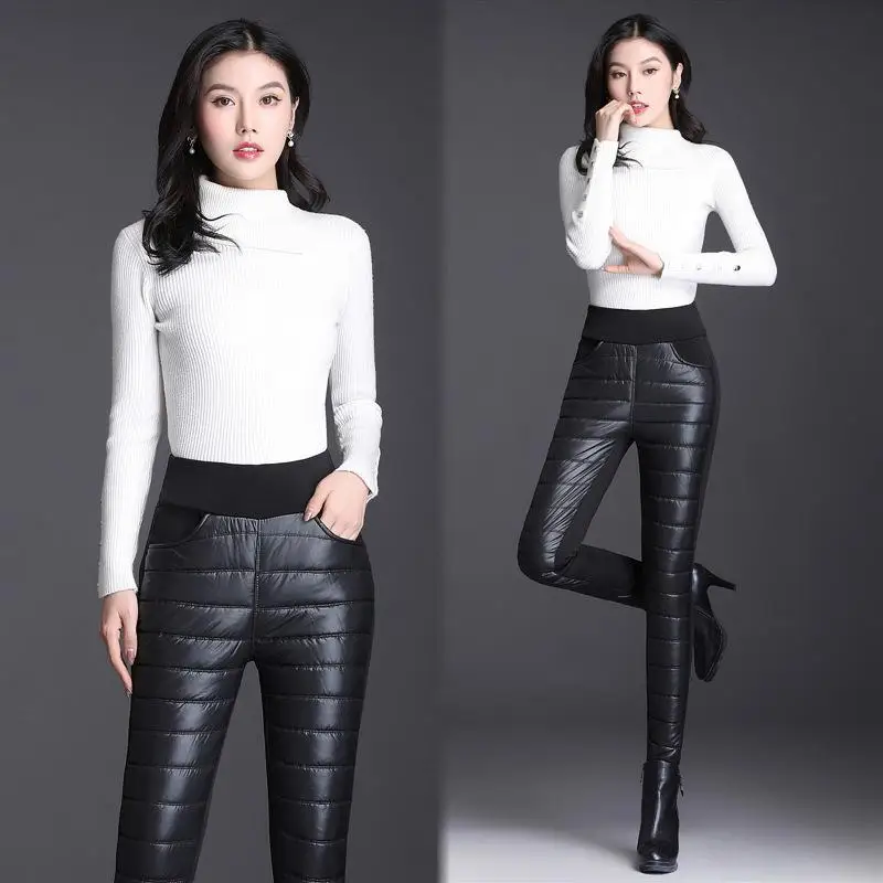 Зимние двухсторонние пуховые Хлопковые женские брюки с высокой талией, брюки-карандаш, Женские ветрозащитные толстые теплые брюки размера плюс L-4XL