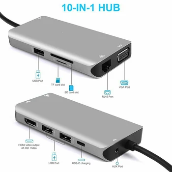 

10in1 Type C USB C Hub Dual Adapter 3.0 port Card Reader 4K HDMI For MacBook Pro