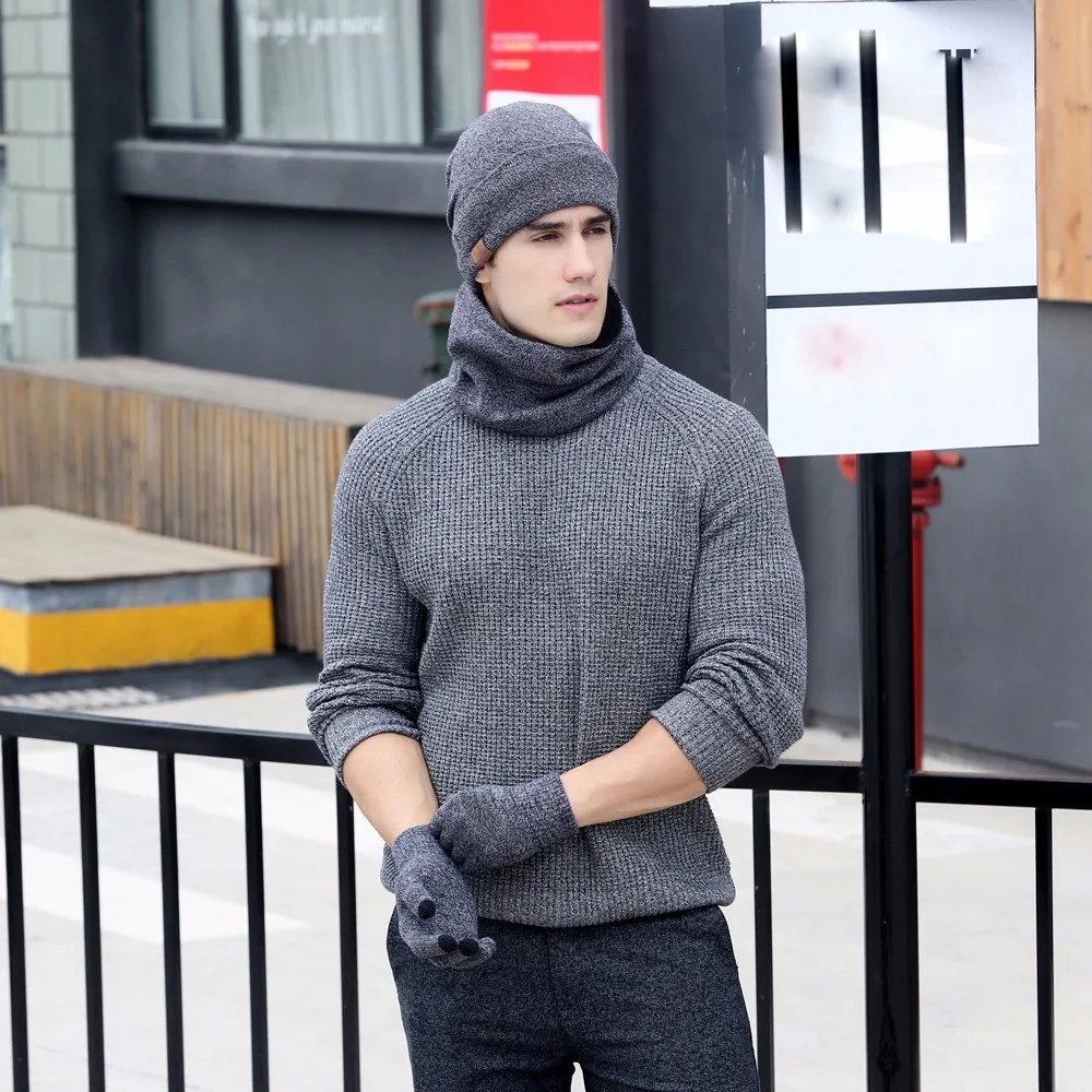 Осенняя и зимняя мужская новая однотонная теплая шерстяная шапка шарф перчатки набор воротник уход за кожей Шеи Лицо утолщение холодный теплый шарф# Zer