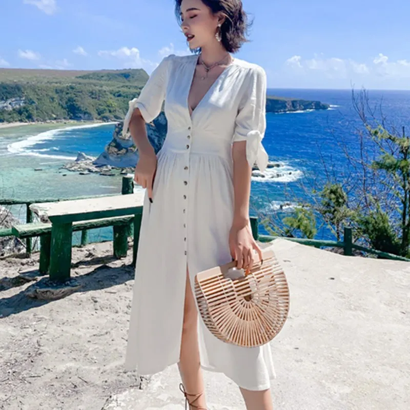 

2019 Women Vintage Summer Cotton Dress Deep V Neck Linen Short Sleeve White Beach Dress With Buttons Midi Dresses