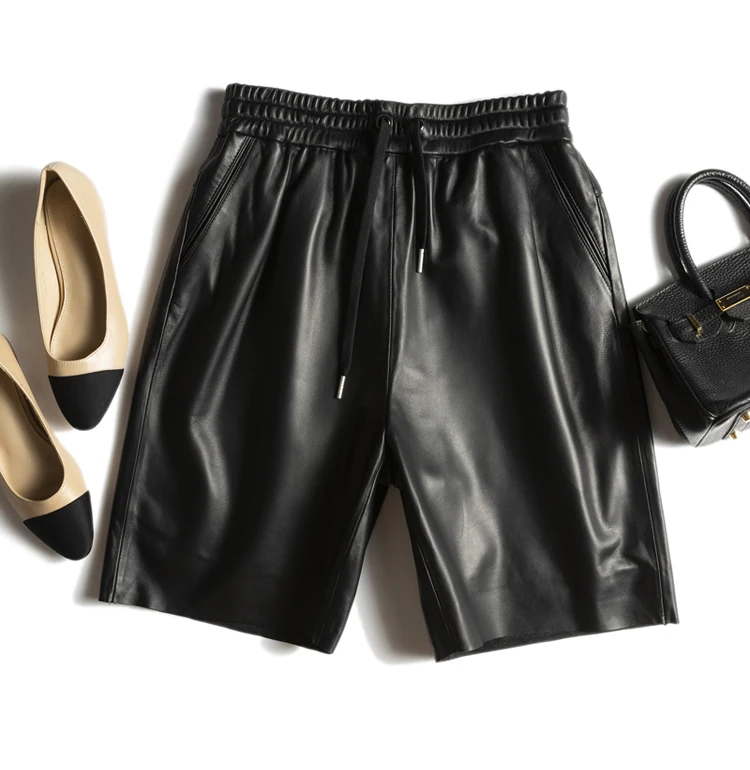 Capable Fashionable Stylish 100% Leather Five-Point Pants For Women Femme Elastic Waist Wide Leg Bermuda Shorts With Pocket