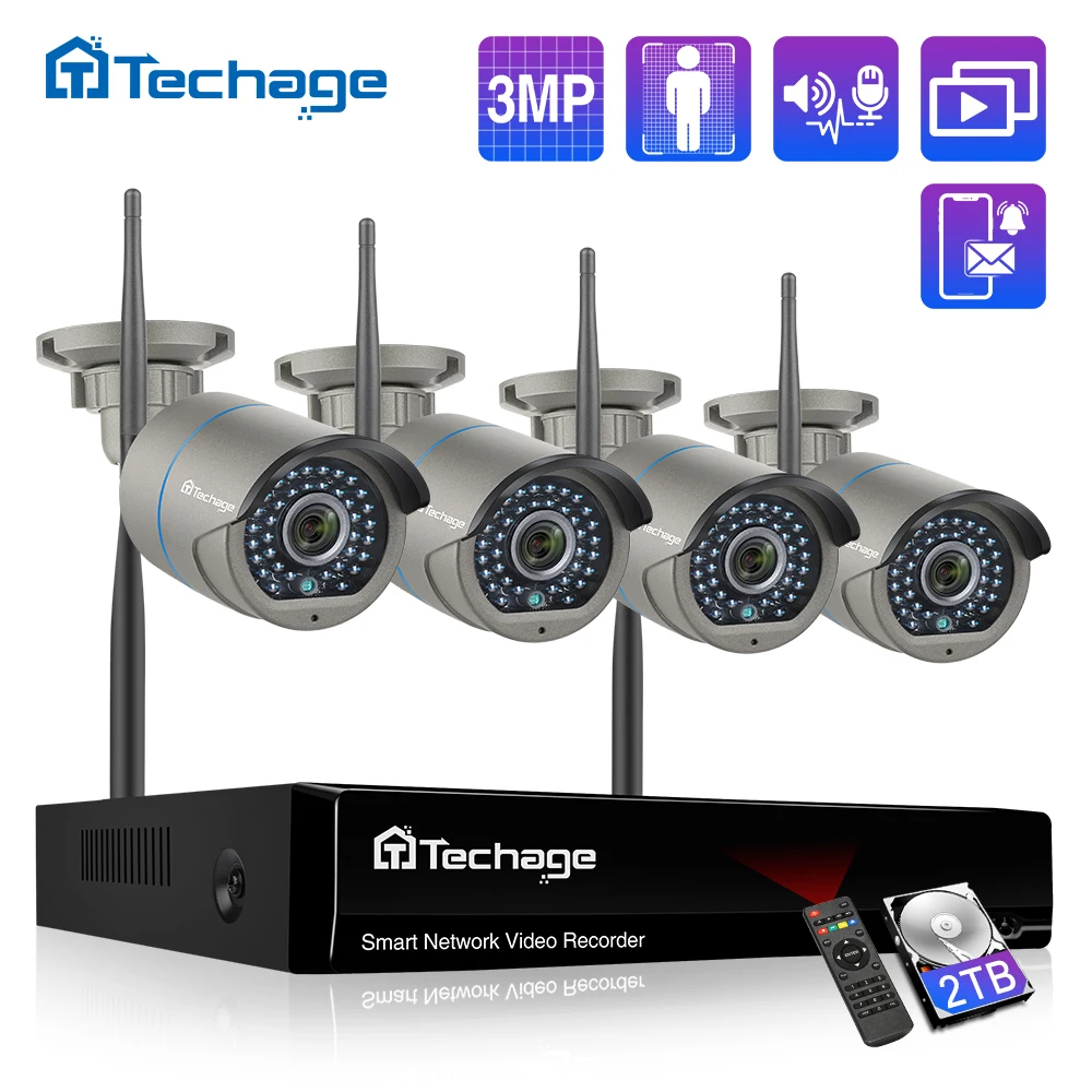 Techage 3MP 8CH Wireless Camera CCTV System H.265 NVR Kit Outdoor Wifi IP Camera Two Way Audio Video Security Surveillance Set