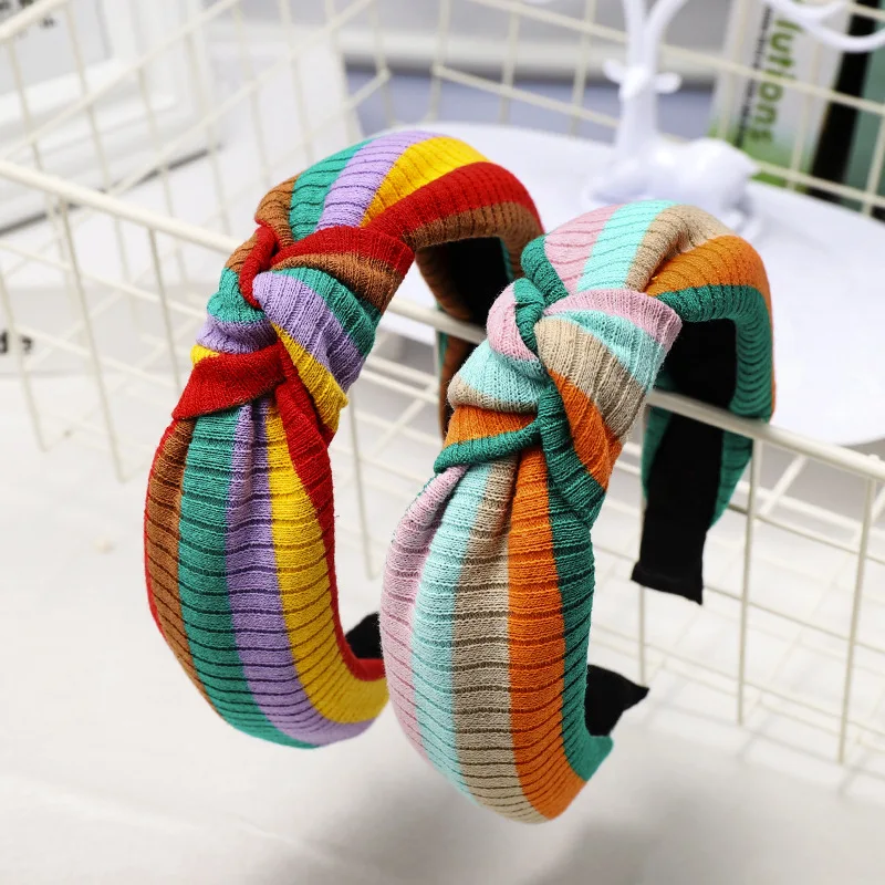 

Hair Accessories Winter Multicolor Striped Women Hairband For Women Girls Cross Knot Rainbow Hair Hoop Soft Knitted Headwrap