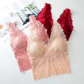 

Summer Sexy Women Deep V-neck Lace Bralette Hollow Out Tank Tops Sleeveless Solid Color Vest 2020 New