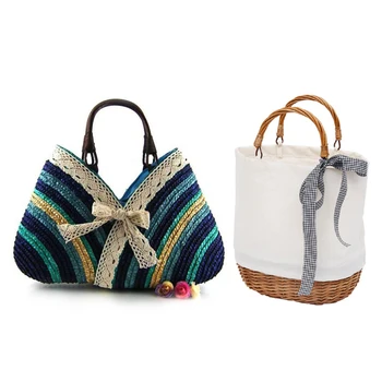 

2 Pcs Bag:1 Pcs Casual Fashion Bow Rainbow Stripes Lace Bow Bag Straw Bag & 1 Pcs Waterproof Clutch Handbag Summer Beach Wicker