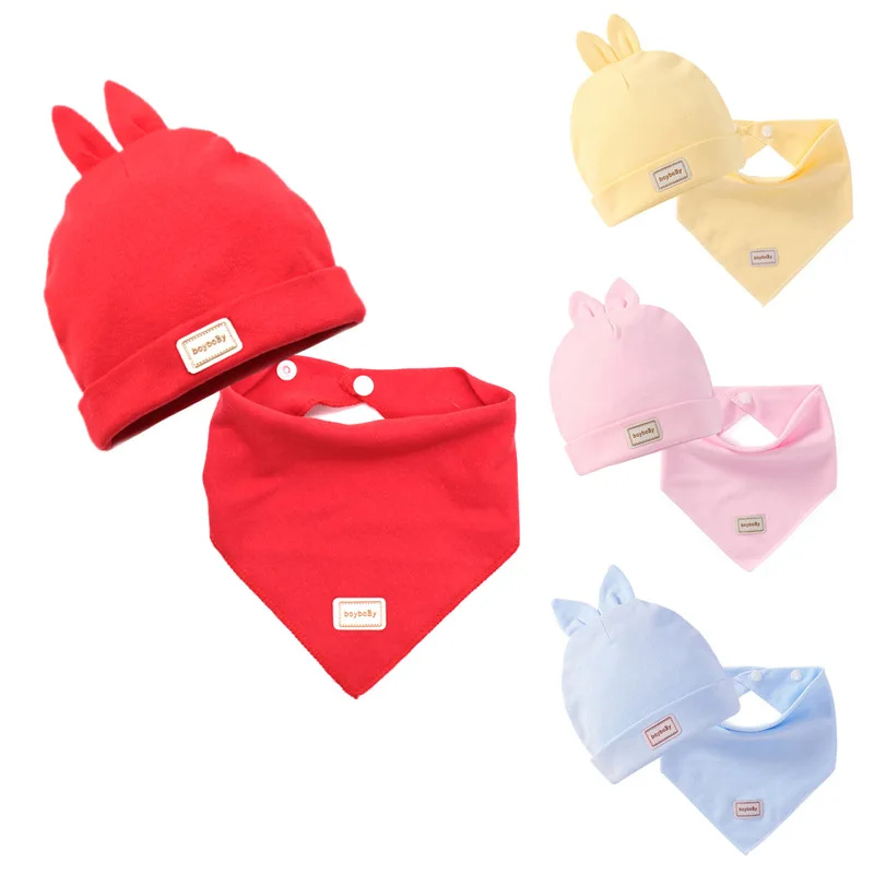 

2PCS Baby Cartoon Rabbit Bear Infant Fetal Cap Autumn and Winter Warm Triangle Towel Cap Suit Double-Layer Thickening Newborn