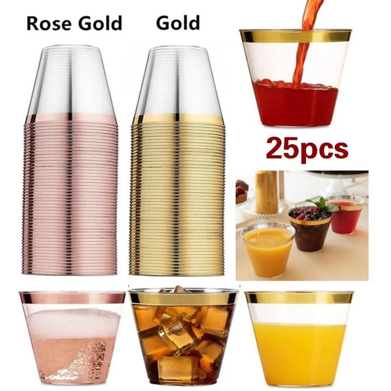 

25pcs Transparent Cup Disposable Plastic Cups Ice Cream One Time Light Portable Wedding Birthday Party rose gold Rim